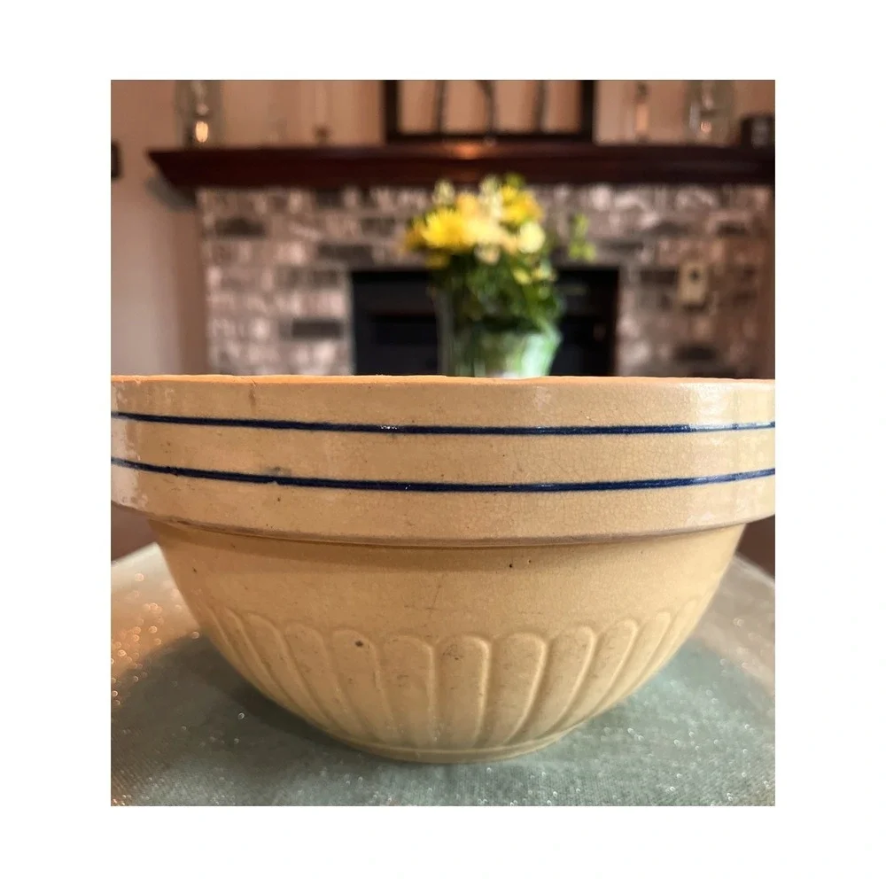 Vintage Red Wing Stoneware Mixing Bowl Blue Band Paneled Saffronware  9 Inch